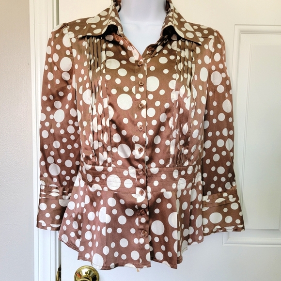 bebe Tops - BEBE Silk Blouse Brown Cream Polka Dot Pattern Button Peplum Flared Cuff Size M